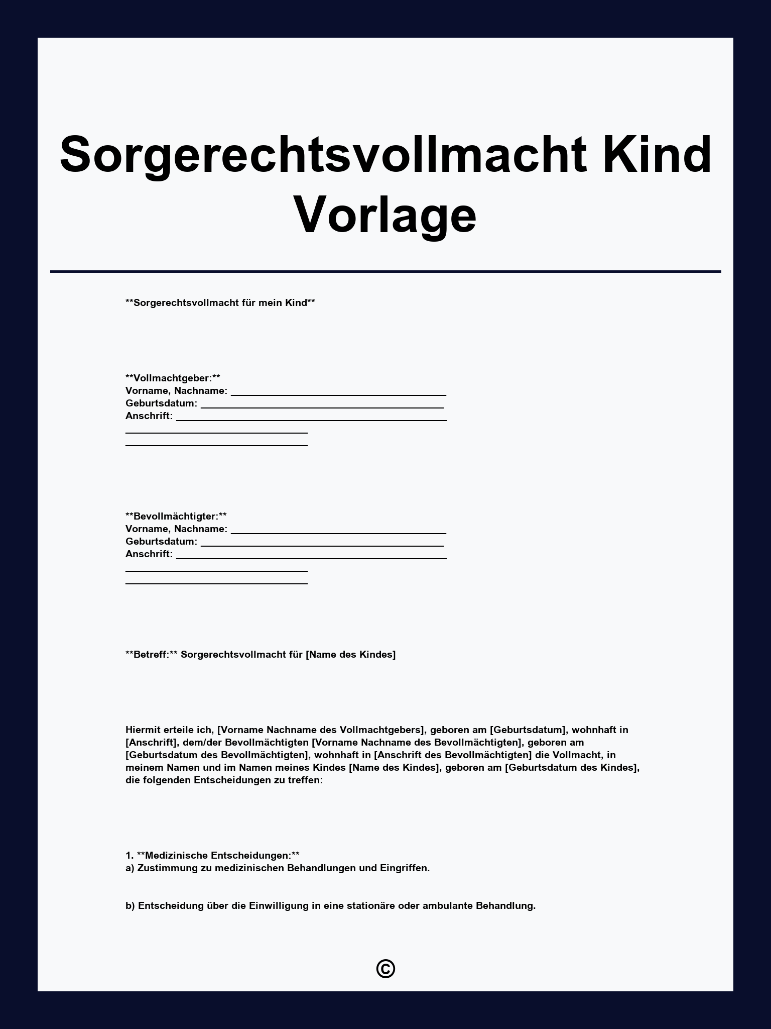 Sorgerechtsvollmacht Kind Vorlage