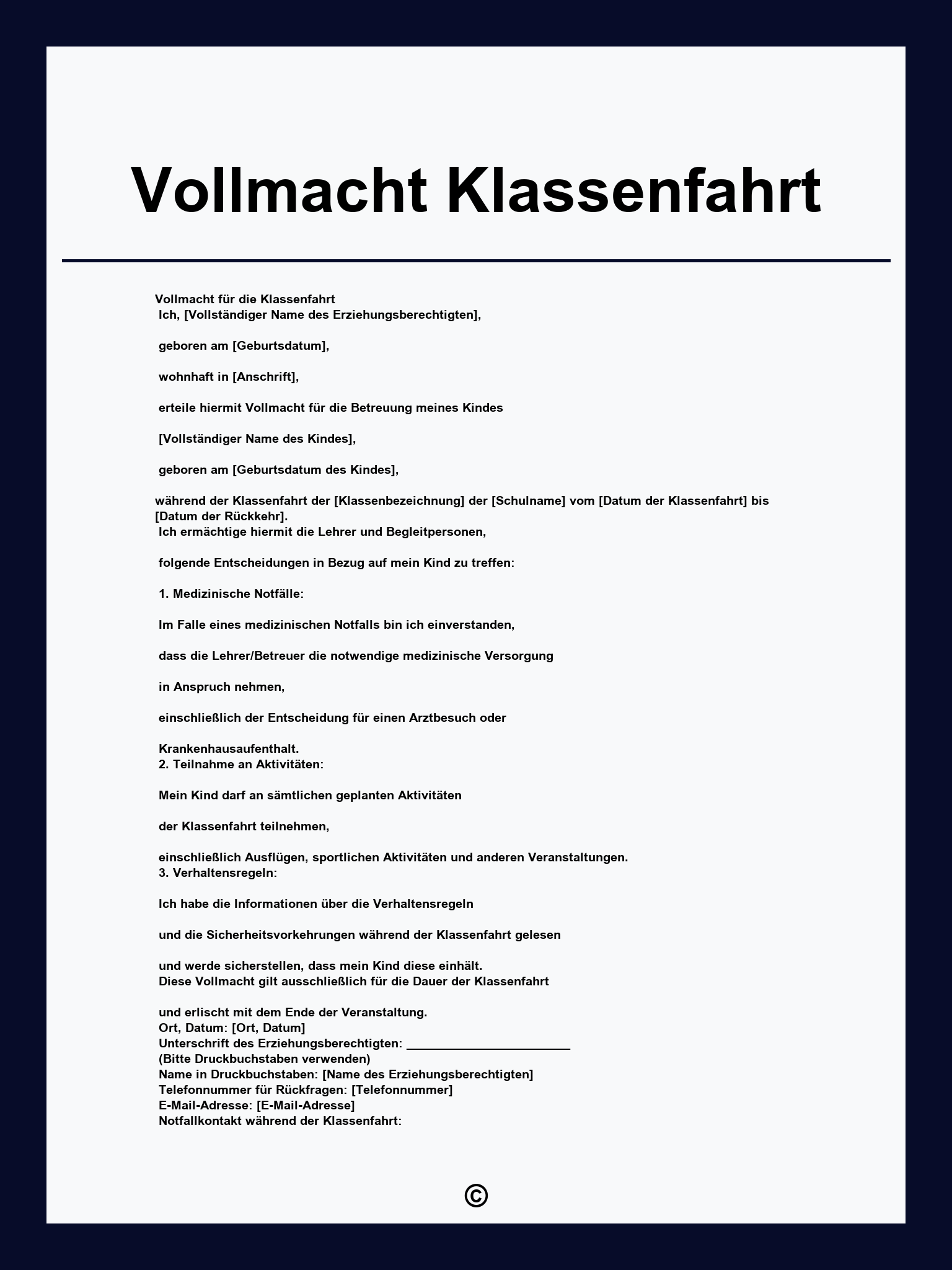 Vollmacht Klassenfahrt