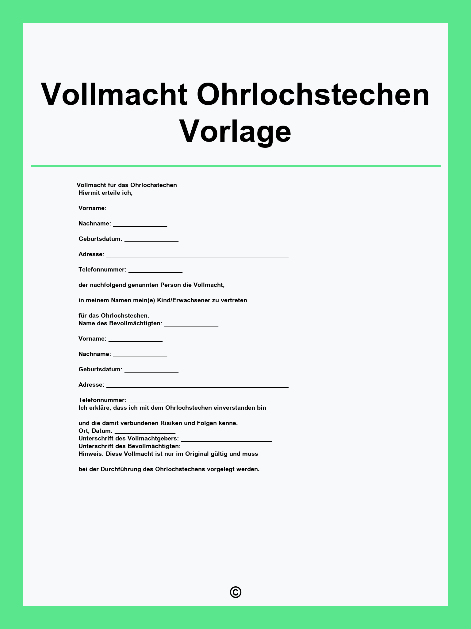 Vollmacht Ohrlochstechen Vorlage
