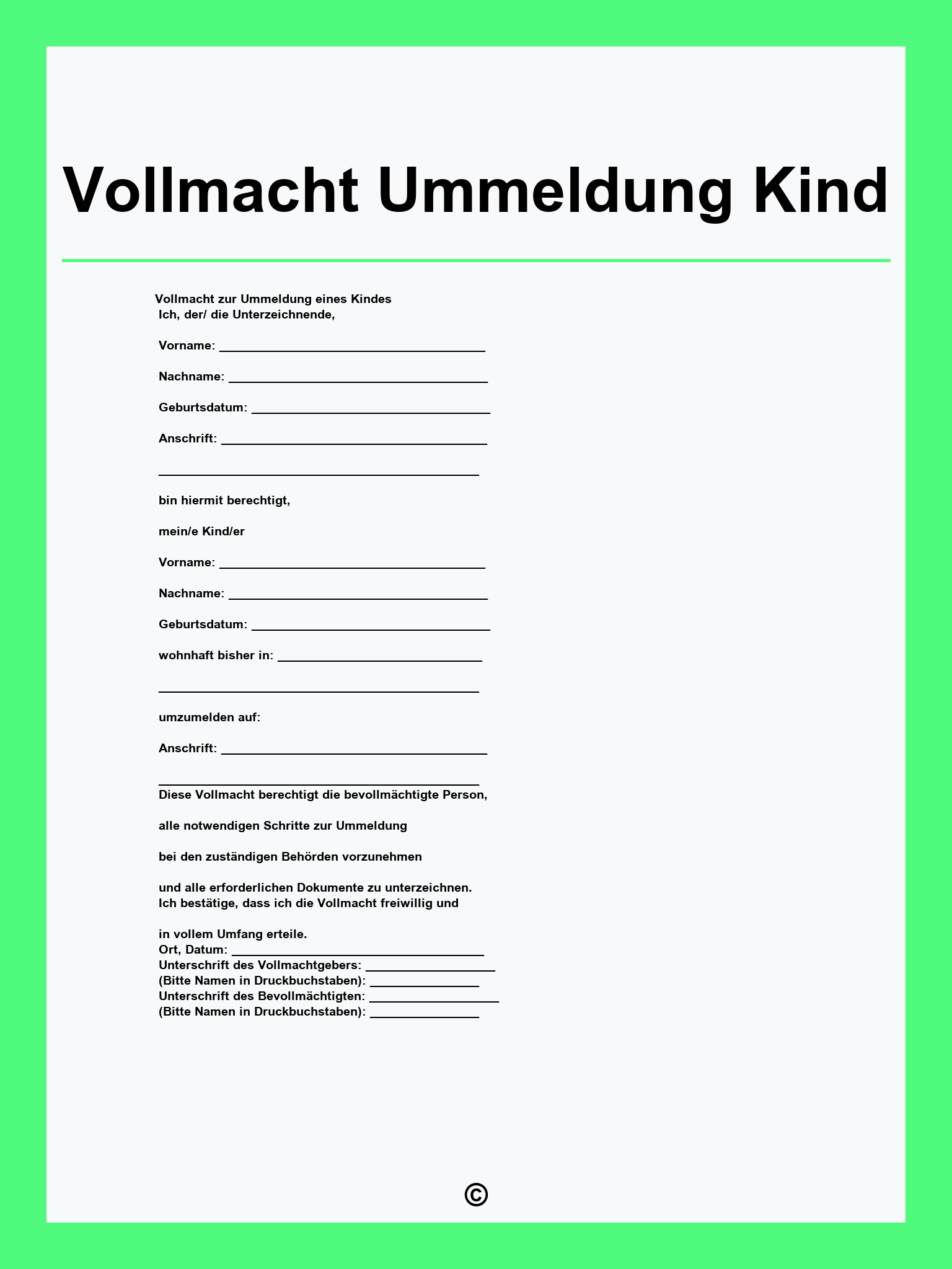 Vollmacht Ummeldung Kind
