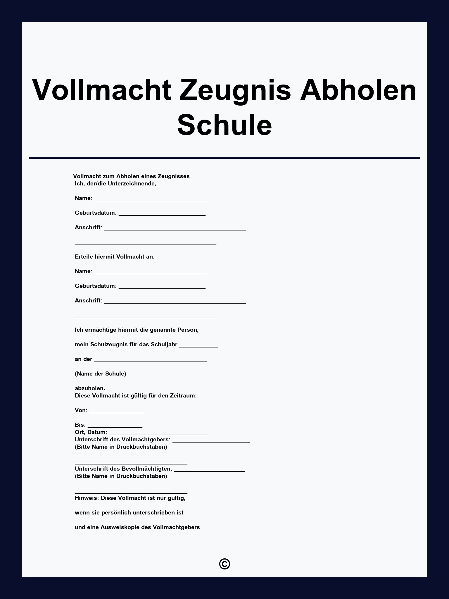 Vollmacht Zeugnis Abholen Schule